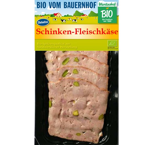 Fleisch und Aufschnitt für Wiederverkäufer : Bio Schinkenfleischkäse mit Pistazien 80g